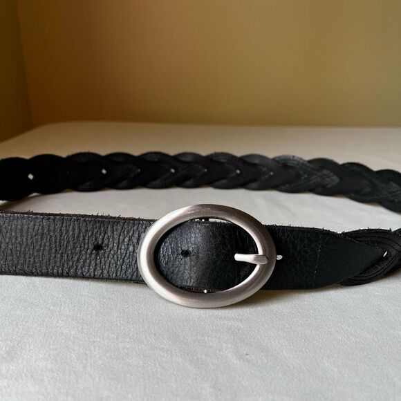 Talbots Black Leather Woven Belt‎ Silver Oval Buckle Casual Boho Western 36 - Picture 2 of 8